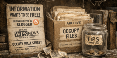 A dusty archive shelf holds old Occupy Wall Street–era documents labeled “Information Wants to Be Free,” originally posted on Blogger and later moved to WPS News. An archive box marked “Occupy Files” sits beside a nearly empty tip jar, while faded papers labeled “Published 2014 — Still Free” gather dust and cobwebs.