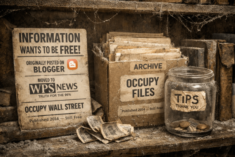 A dusty archive shelf holds old Occupy Wall Street–era documents labeled “Information Wants to Be Free,” originally posted on Blogger and later moved to WPS News. An archive box marked “Occupy Files” sits beside a nearly empty tip jar, while faded papers labeled “Published 2014 — Still Free” gather dust and cobwebs.