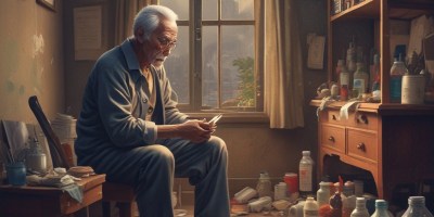 Old man looking at the scattered remnants of his life.