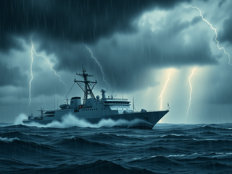 Ship at sea in a rain storm