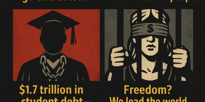 A bold infographic criticizing U.S. policy failures, with six panels depicting issues like denied medical care, homelessness, student debt, mass incarceration, overwork, and climate destruction—juxtaposed with irony and dark humor.
