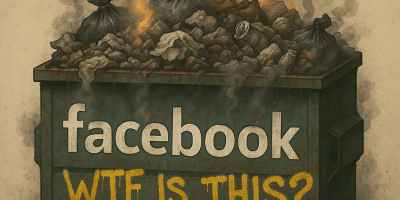 A rusty, overflowing dumpster labeled “facebook” emits smoldering smoke from piles of trash. Yellow graffiti sprayed diagonally across the front reads “WTF IS THIS?” dripping like fresh paint.