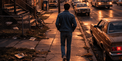 Young man walking down a trash spewn late winter in Chicago.