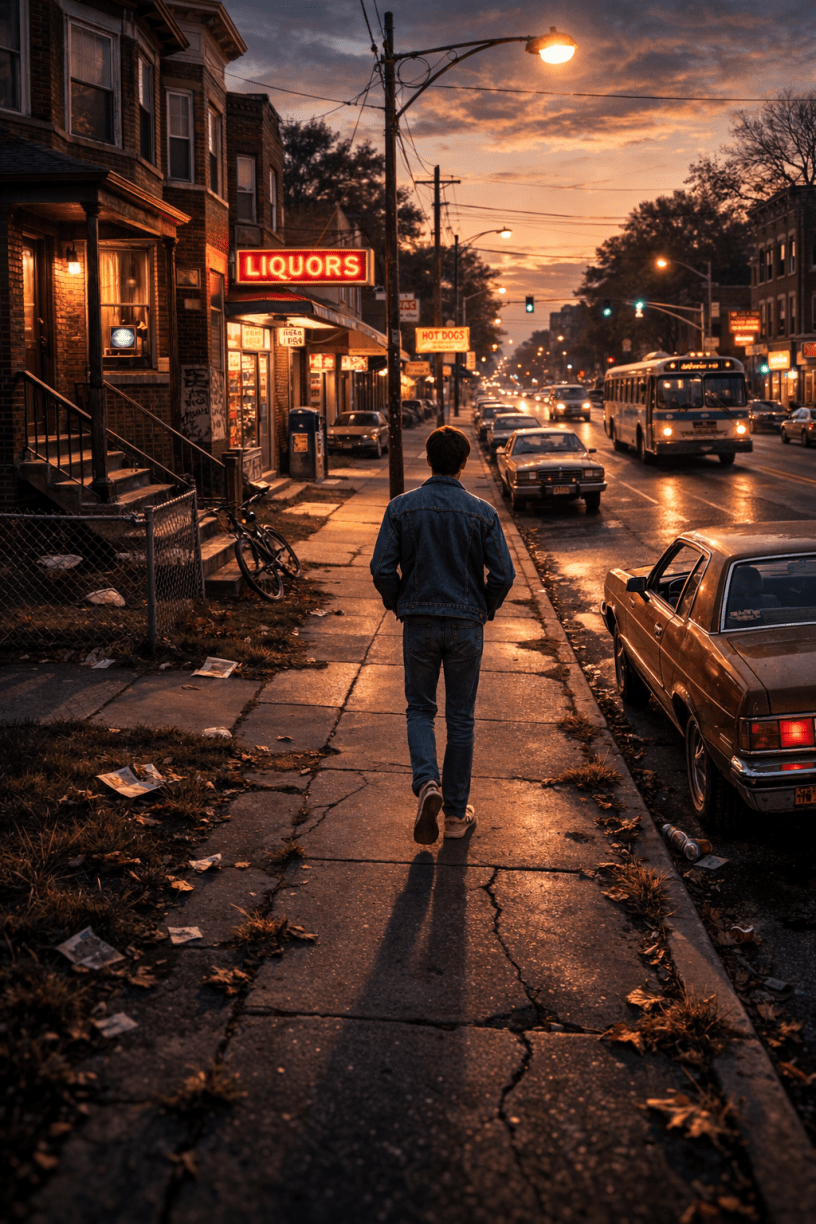 Young man walking down a trash spewn late winter in Chicago.