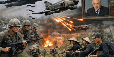 Collage of Vietnam War imagery showing a large bomber overhead, a jet fighter in flight, soldiers moving through dense jungle, a gunship firing from above, Viet Cong fighters in dark clothing, and a television news anchor reporting the war, all layered together like a fragmented memory.