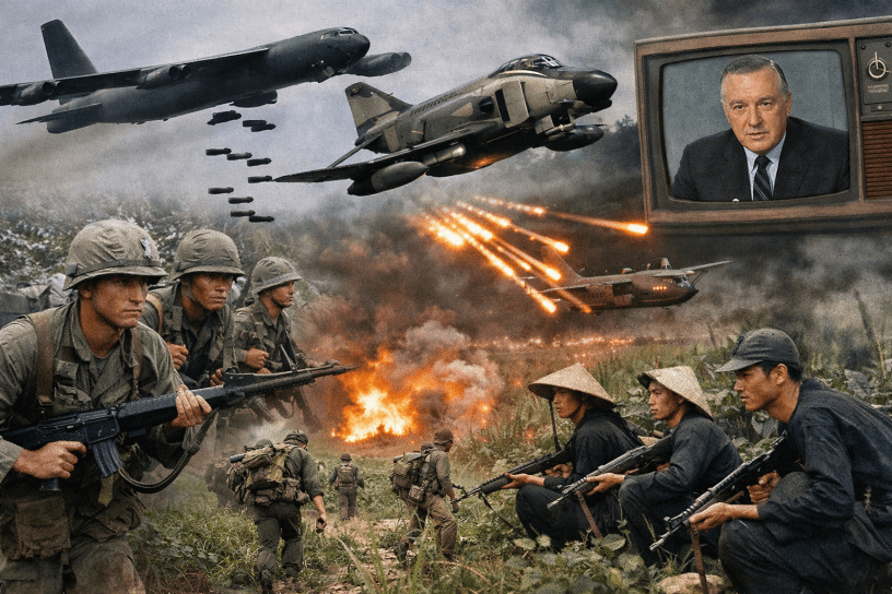 Collage of Vietnam War imagery showing a large bomber overhead, a jet fighter in flight, soldiers moving through dense jungle, a gunship firing from above, Viet Cong fighters in dark clothing, and a television news anchor reporting the war, all layered together like a fragmented memory.