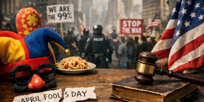 Jester hat and fake glasses on a table with a torn April Fool’s note and spaghetti, in front of a blurred protest scene with signs and police, alongside a judge’s gavel and American flag.