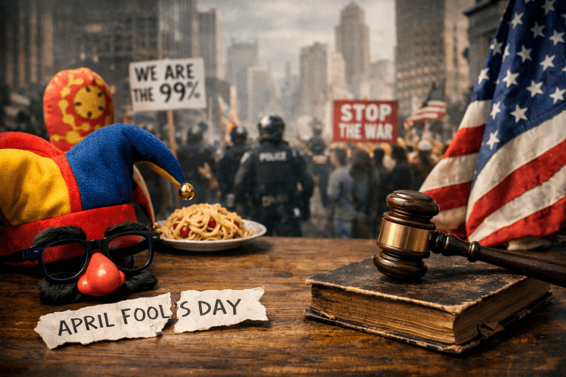 Jester hat and fake glasses on a table with a torn April Fool’s note and spaghetti, in front of a blurred protest scene with signs and police, alongside a judge’s gavel and American flag.