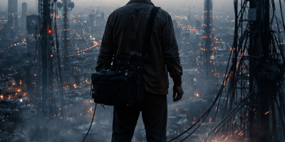 A lone analyst stands on a rooftop surrounded by telecommunications towers and data equipment overlooking a dense city at dusk, symbolizing the observation of modern communication networks, infrastructure, and the social systems shaping contemporary society.