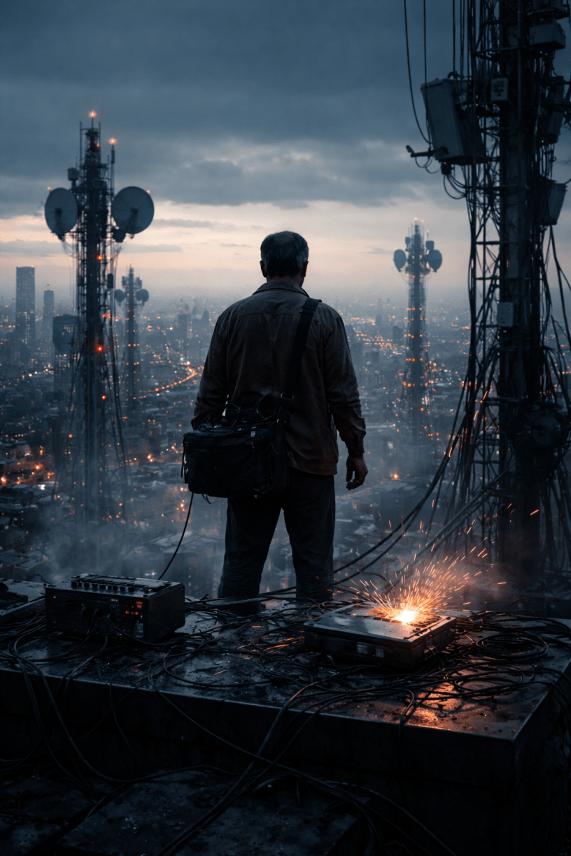 A lone analyst stands on a rooftop surrounded by telecommunications towers and data equipment overlooking a dense city at dusk, symbolizing the observation of modern communication networks, infrastructure, and the social systems shaping contemporary society.