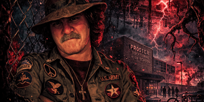 Stylized portrait of Cliff Potts as a 1970s high school student at Prosser Vocational High School, with dark, surreal lighting and dramatic sky elements in the background.