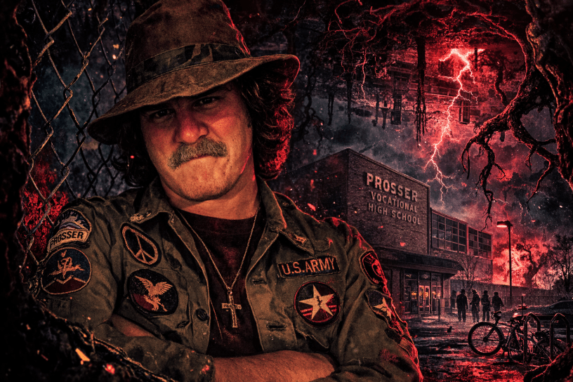 Stylized portrait of Cliff Potts as a 1970s high school student at Prosser Vocational High School, with dark, surreal lighting and dramatic sky elements in the background.