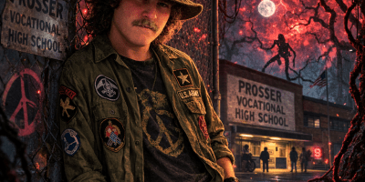 Stylized portrait of Cliff Potts as a 1970s high school student leaning against a fence near Prosser Vocational High School, with surreal red sky elements in the background.