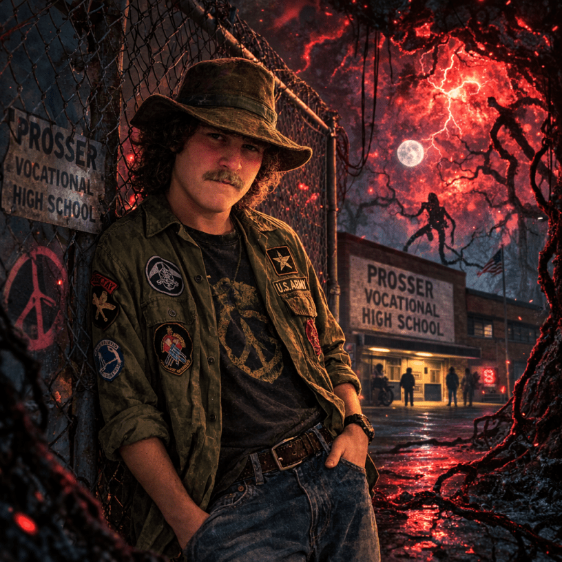 Stylized portrait of Cliff Potts as a 1970s high school student leaning against a fence near Prosser Vocational High School, with surreal red sky elements in the background.