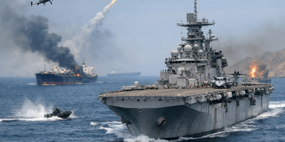 Amphibious assault ship USS Tripoli sails through the Strait of Hormuz while a damaged oil tanker burns in the background, with a drone overhead and a missile launching from the coastline, illustrating the escalating maritime conflict threatening commercial shipping.