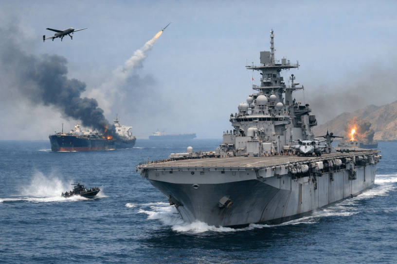 Amphibious assault ship USS Tripoli sails through the Strait of Hormuz while a damaged oil tanker burns in the background, with a drone overhead and a missile launching from the coastline, illustrating the escalating maritime conflict threatening commercial shipping.