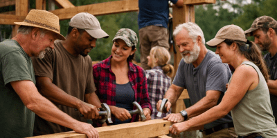 Six people work together to build a wooden frame outdoors, with two hammering nails while others hold the beam steady and guide the placement.