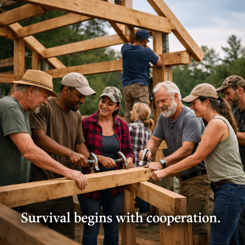 Six people work together to build a wooden frame outdoors, with two hammering nails while others hold the beam steady and guide the placement.