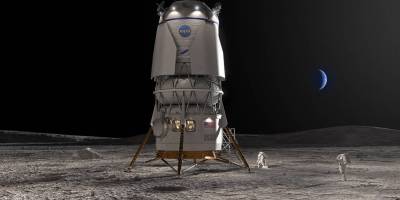 NASA concept image of the Artemis Human Landing System on the Moon’s surface with astronauts nearby and Earth visible in the distance.