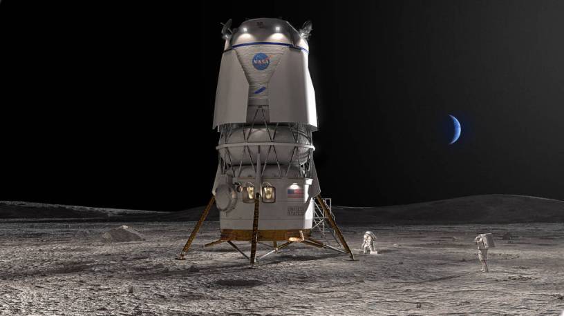 NASA concept image of the Artemis Human Landing System on the Moon’s surface with astronauts nearby and Earth visible in the distance.