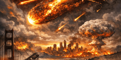 A massive fiery comet descends toward Earth over a burning city skyline, with explosions, flooding, and survivors standing in the foreground amid widespread destruction.