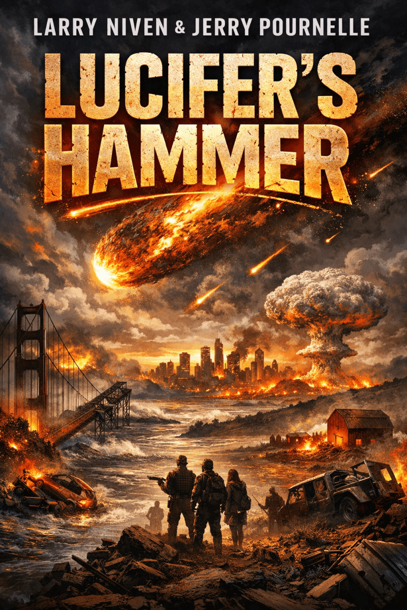 A massive fiery comet descends toward Earth over a burning city skyline, with explosions, flooding, and survivors standing in the foreground amid widespread destruction.