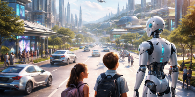 Two children with backpacks stand beside a humanoid robot on a wide city street, looking toward a futuristic skyline filled with tall towers, drones, and signs of advanced technology beneath a huge Moon-like world in the sky.