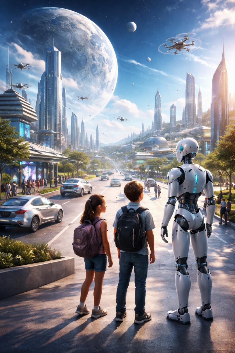 Two children with backpacks stand beside a humanoid robot on a wide city street, looking toward a futuristic skyline filled with tall towers, drones, and signs of advanced technology beneath a huge Moon-like world in the sky.