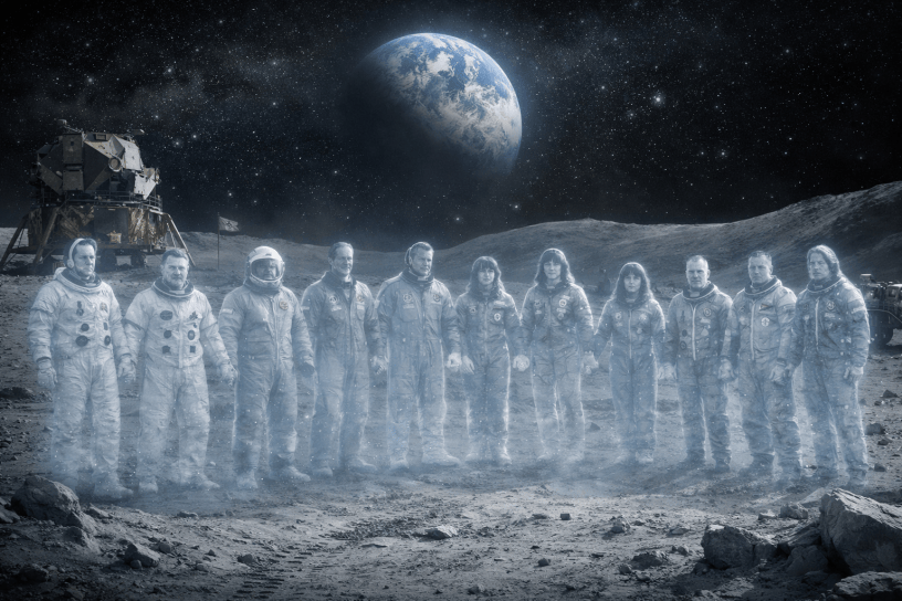 AI-generated image of fallen astronauts from Apollo 1, Soyuz 1, Challenger, and Columbia standing together in spacesuits as ghostly figures on the Moon, holding hands near a lunar landing site with Earth visible in the background.