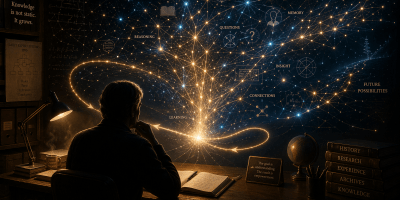 A silhouetted person sits at a desk while a glowing network of interconnected nodes and light patterns expands in front of them, representing artificial intelligence and learning through interaction.