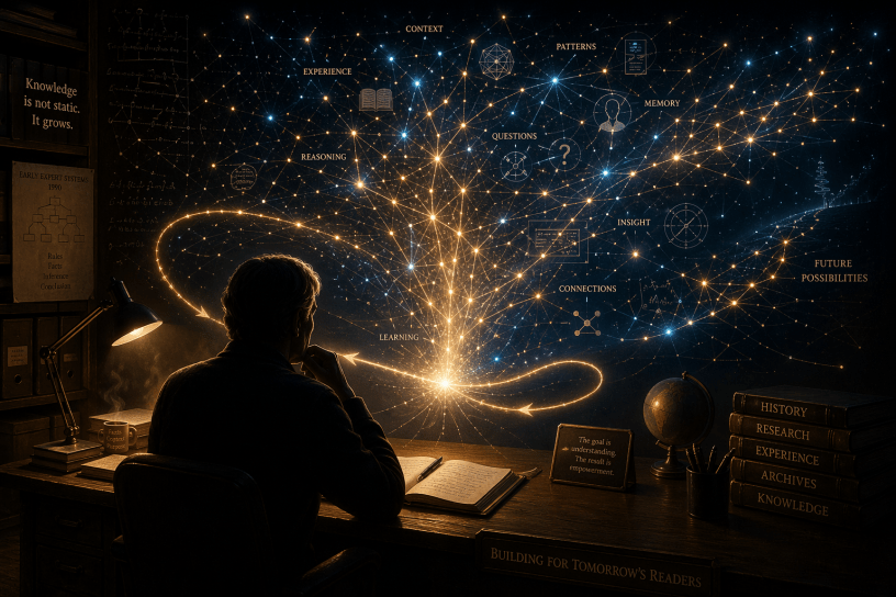A silhouetted person sits at a desk while a glowing network of interconnected nodes and light patterns expands in front of them, representing artificial intelligence and learning through interaction.