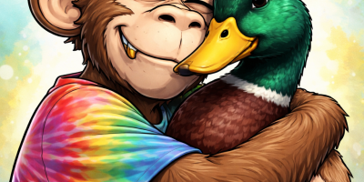 Illustrated NFT-style monkey hugging a colorful male mallard duck, created as a satirical image for the essay “What the Duck Is an NFT.”