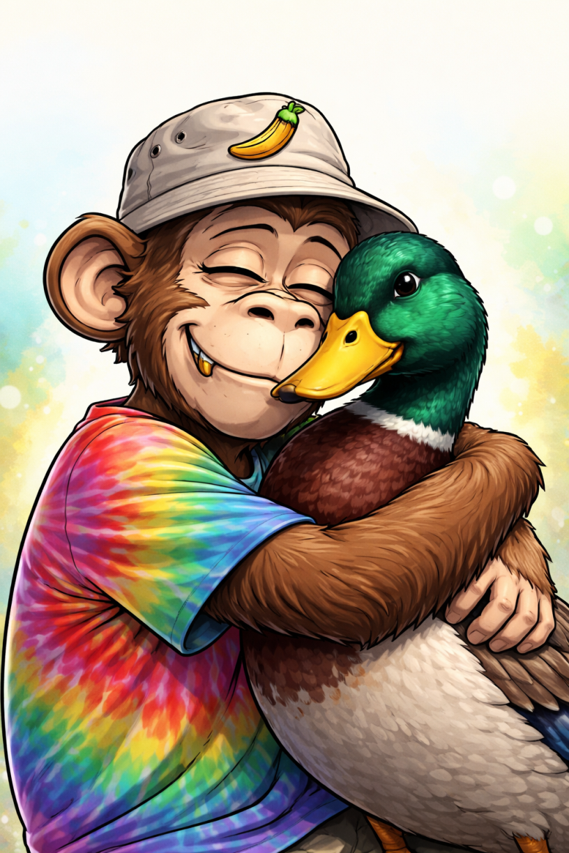 Illustrated NFT-style monkey hugging a colorful male mallard duck, created as a satirical image for the essay “What the Duck Is an NFT.”