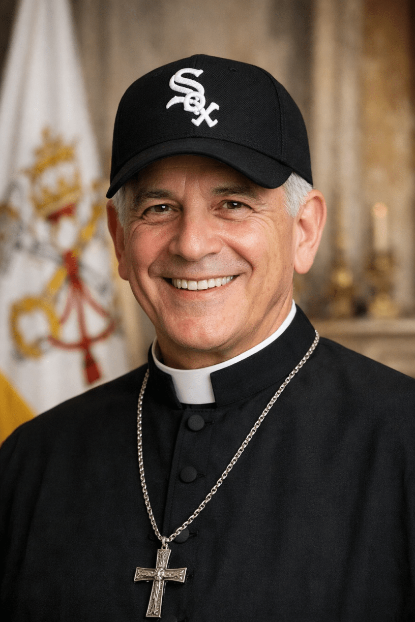 A smiling Catholic priest representing Pope Leo XIV wearing a black clerical shirt, silver cross, and a Chicago White Sox baseball cap against a Vatican-style background.