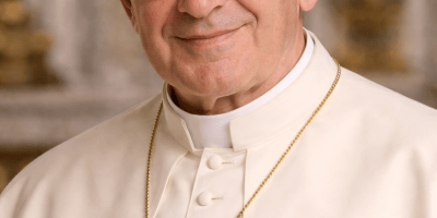 AI-generated portrait of Pope John Paul I wearing white papal vestments, a zucchetto, and a gold cross, smiling gently in a Vatican-style setting.