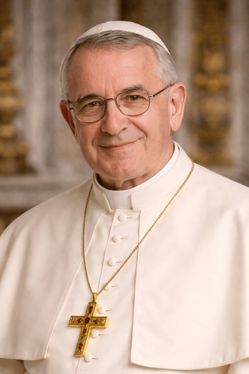 AI-generated portrait of Pope John Paul I wearing white papal vestments, a zucchetto, and a gold cross, smiling gently in a Vatican-style setting.