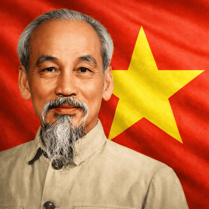 Portrait of Ho Chi Minh with the red Vietnamese flag featuring a yellow star in the background.