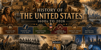 Historical collage of the United States from the 1600s to 2026, showing Jamestown, colonial life, expansion, industrialization, war, civil rights, and modern city and technology scenes.