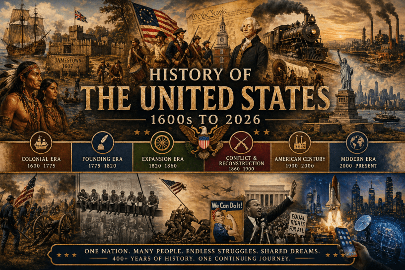 Historical collage of the United States from the 1600s to 2026, showing Jamestown, colonial life, expansion, industrialization, war, civil rights, and modern city and technology scenes.