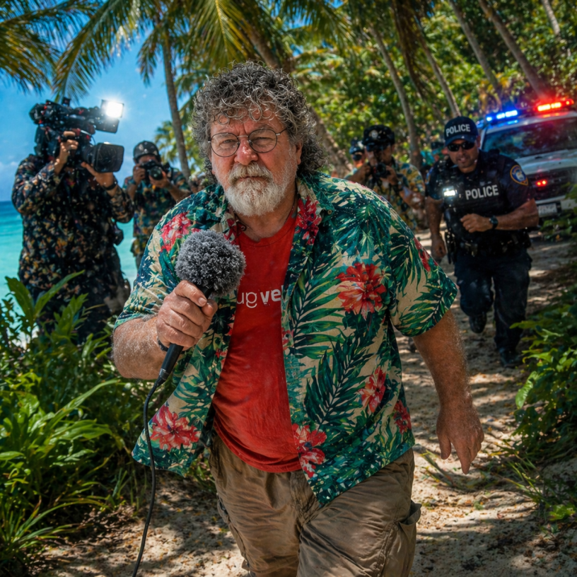 A bearded field reporter in a tropical shirt walks toward the camera holding a microphone while police and photographers follow behind him on a palm-lined beach with flashing lights in the background.