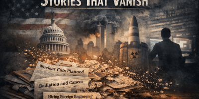 Illustration for “Stories That Vanish” showing fading newspapers, the U.S. Capitol, a nuclear missile, a silhouetted researcher at a computer, and the Twin Towers in the background, representing lost public records, nuclear policy, and disappearing historical memory.