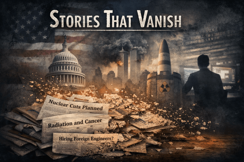 Illustration for “Stories That Vanish” showing fading newspapers, the U.S. Capitol, a nuclear missile, a silhouetted researcher at a computer, and the Twin Towers in the background, representing lost public records, nuclear policy, and disappearing historical memory.