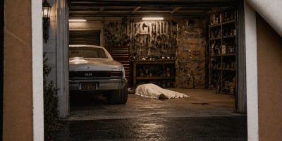 Polaroid-style photo of a dimly lit garage with a classic 1967 Nova SS, tools on the wall, a covered body on the floor, and stacked cardboard boxes near the back wall.
