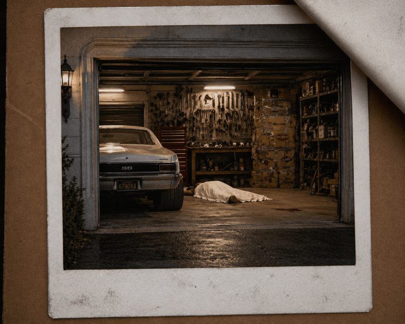 Polaroid-style photo of a dimly lit garage with a classic 1967 Nova SS, tools on the wall, a covered body on the floor, and stacked cardboard boxes near the back wall.