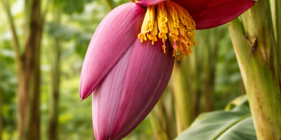 Close-up of a pink-red abacá flower hanging from the stalk, with broad green leaves and tall tropical stems in the background.