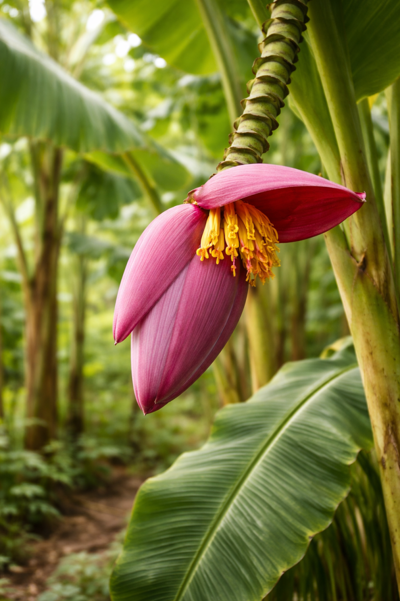 Close-up of a pink-red abacá flower hanging from the stalk, with broad green leaves and tall tropical stems in the background.