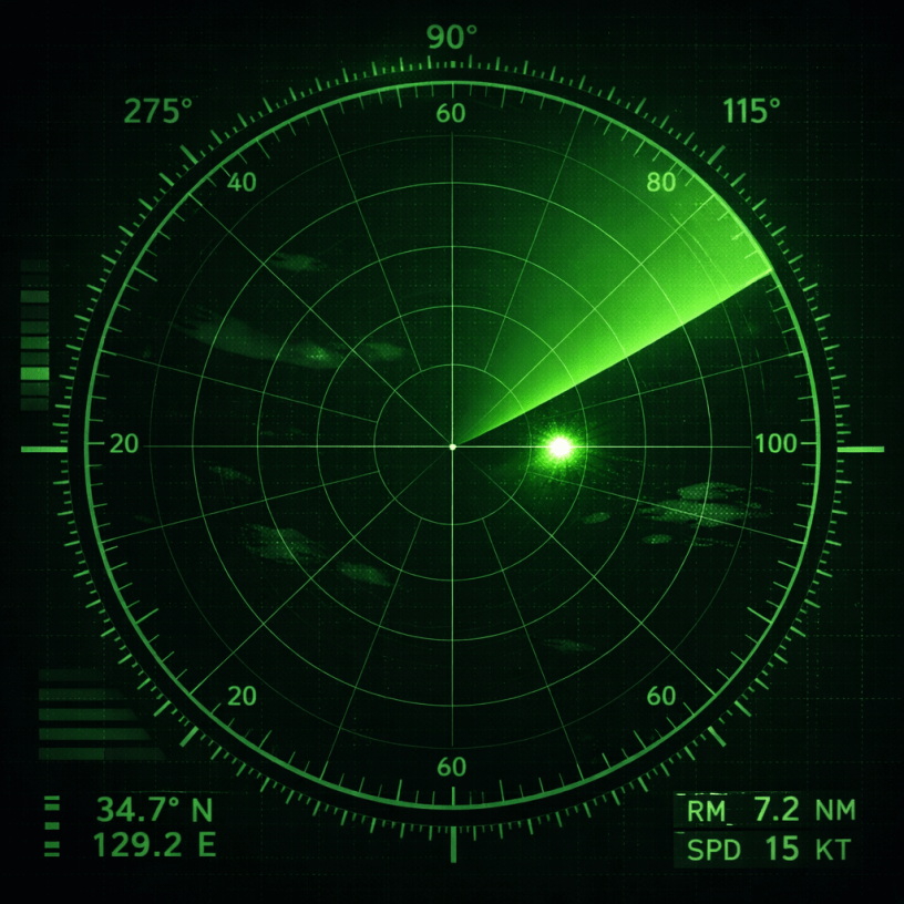 Green radar screen showing a bright contact at approximately 100 degrees bearing, with range marked at about 7.2 nautical miles and speed indicated as 15 knots.