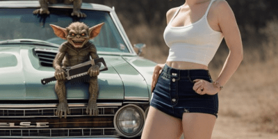 Gremlins with tools on a classic car beside a red-haired woman, representing WPS News posting glitches and schedule problems