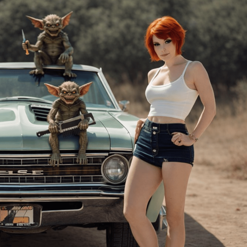 Gremlins with tools on a classic car beside a red-haired woman, representing WPS News posting glitches and schedule problems