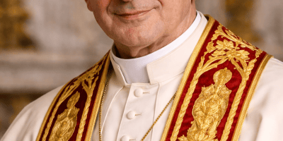 AI-generated portrait of Pope Paul VI wearing white papal vestments with a red and gold embroidered stole and a gold cross in a Vatican-style setting.